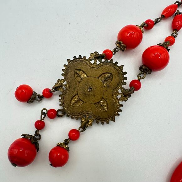 Antique Art Deco 1920s cherry red Czech glass beaded brass pendant necklace - Picture 5 of 8